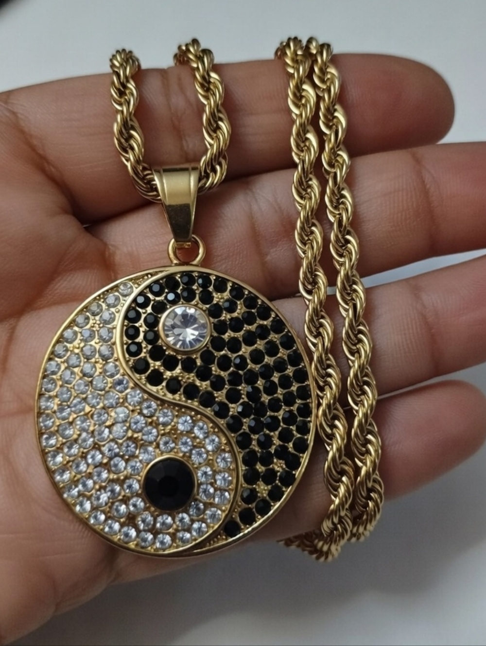 Yin Yang Pendant and Chain Necklace with Zircon in Stainless Steel Gold Plated